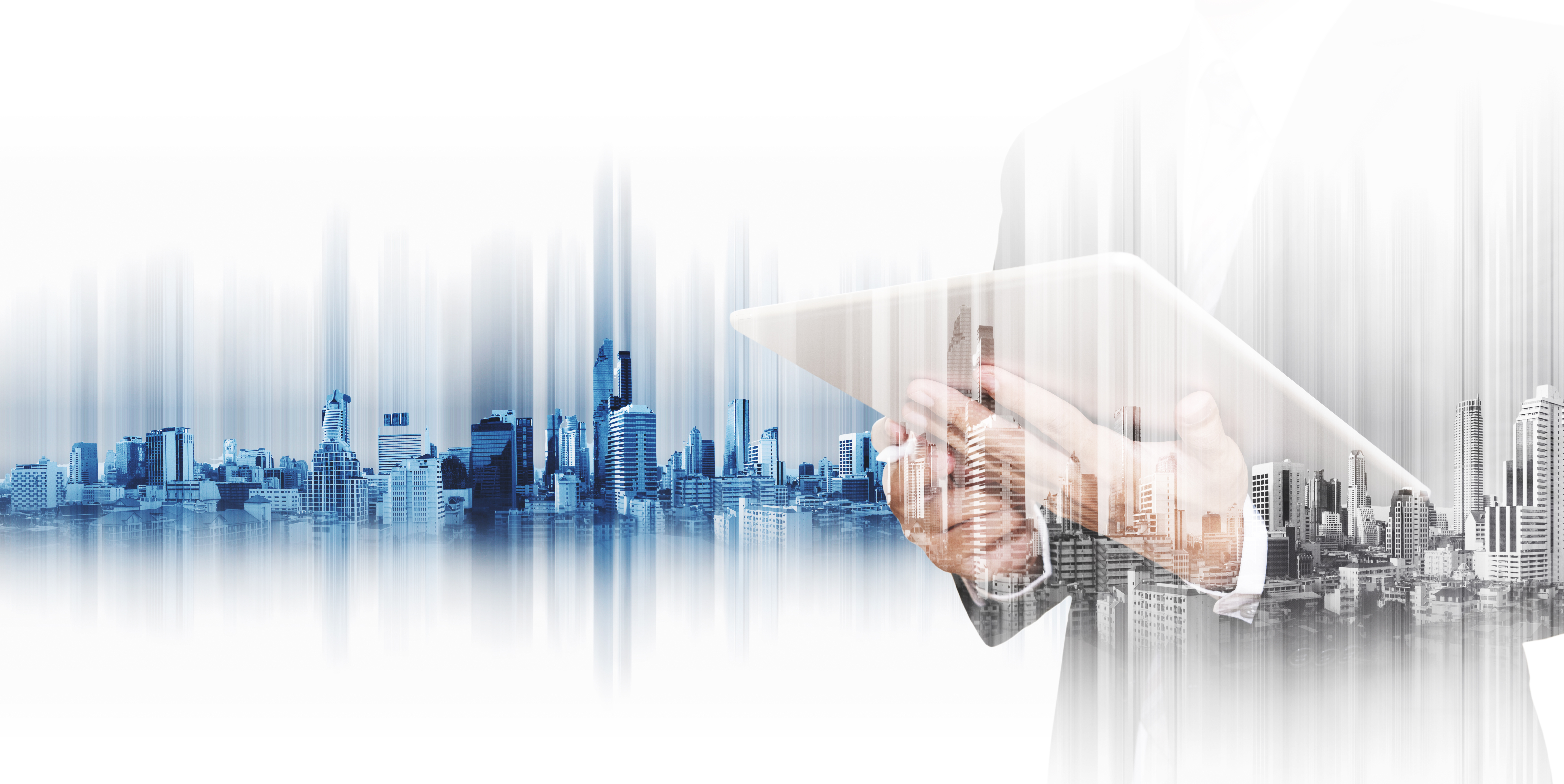 Businessman,Working,On,Digital,Tablet,With,Double,Exposure,City,,Concepts